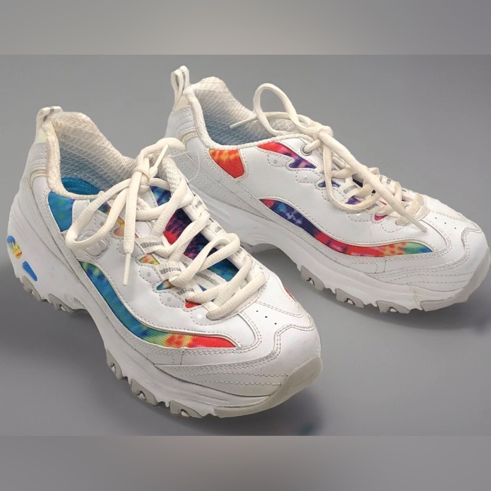 Skechers D'Lites Shoes Women’s SZ 6 Leather White Sneaker Chunky Colorful Fiesta - Picture 2 of 10